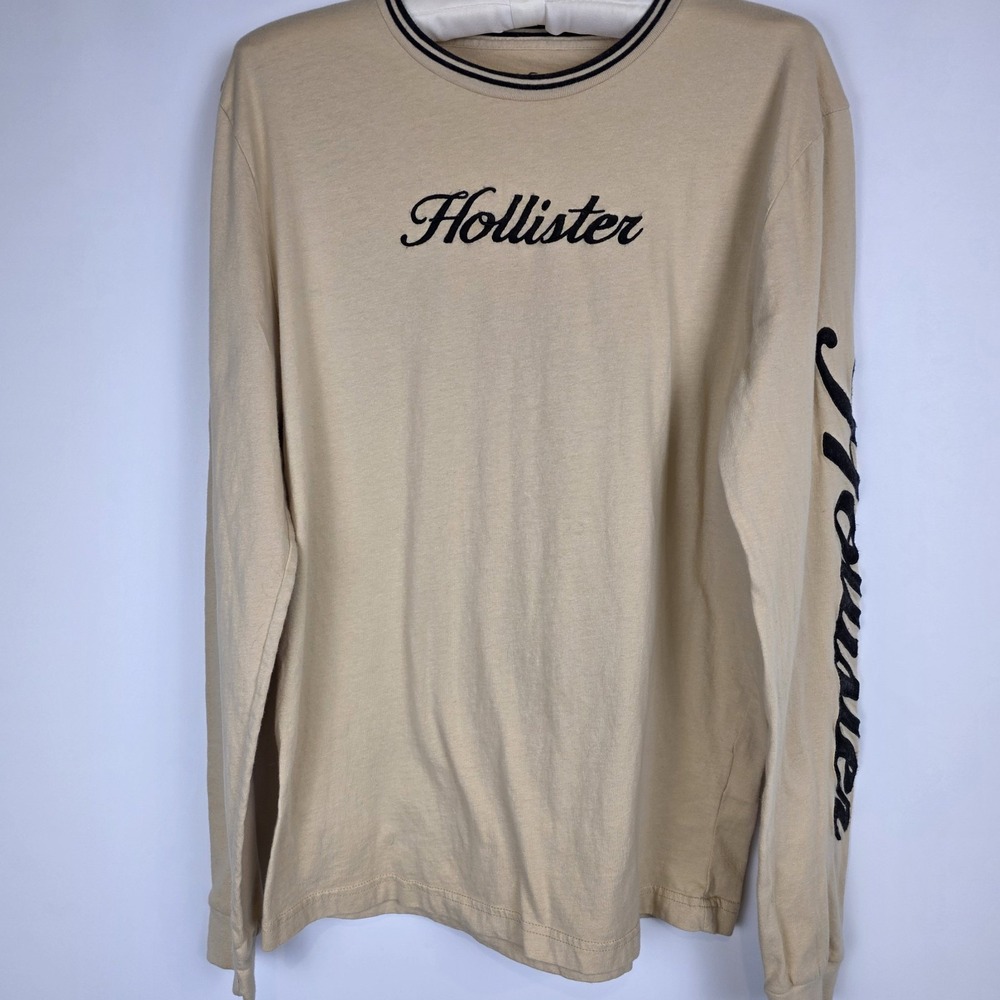 Hollister California‎ Men's Medium Long Sleeve Tan Logo Graphic T-Shirt Casual